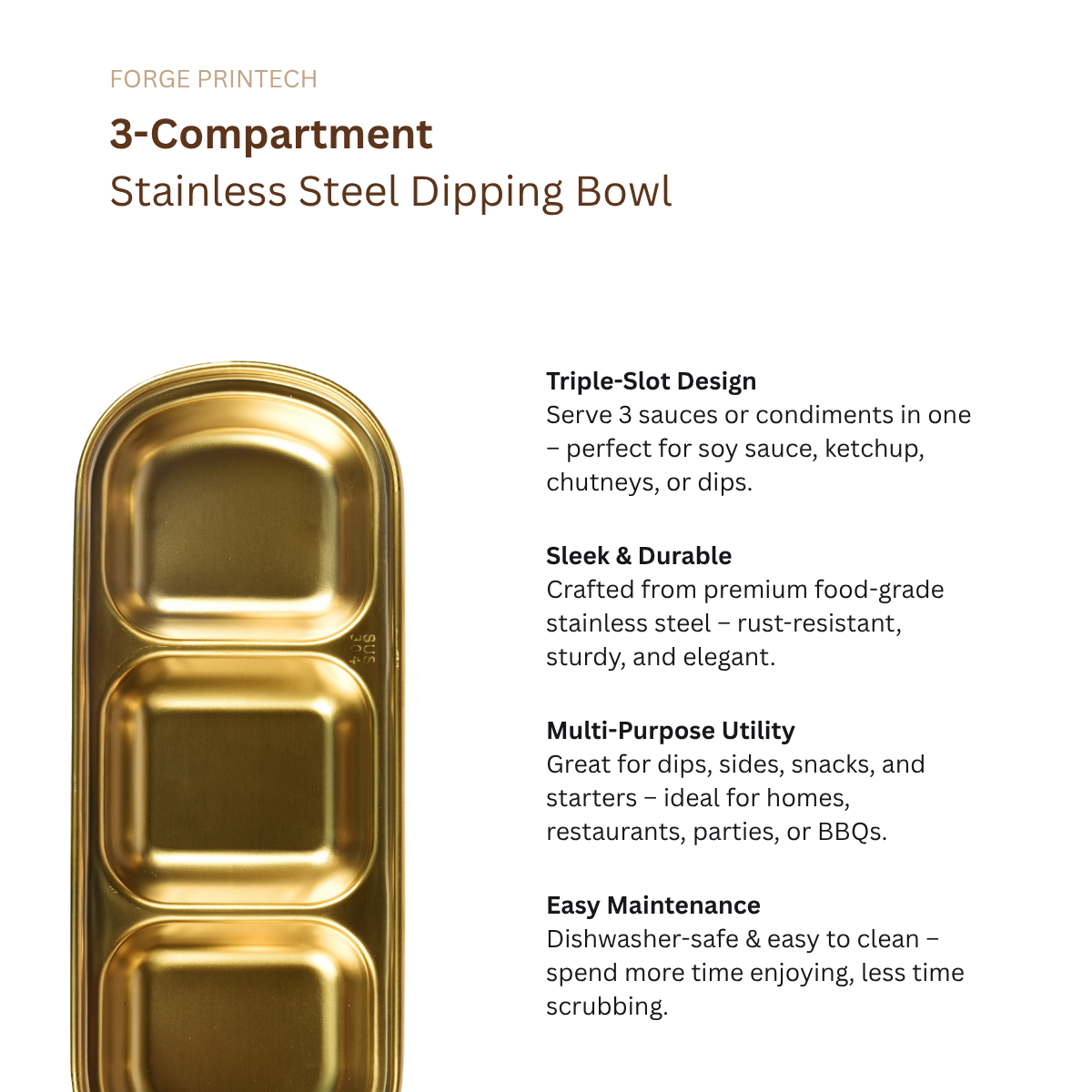 Stainless Steel 3-Compartment Sauce Dip Tray, Gold