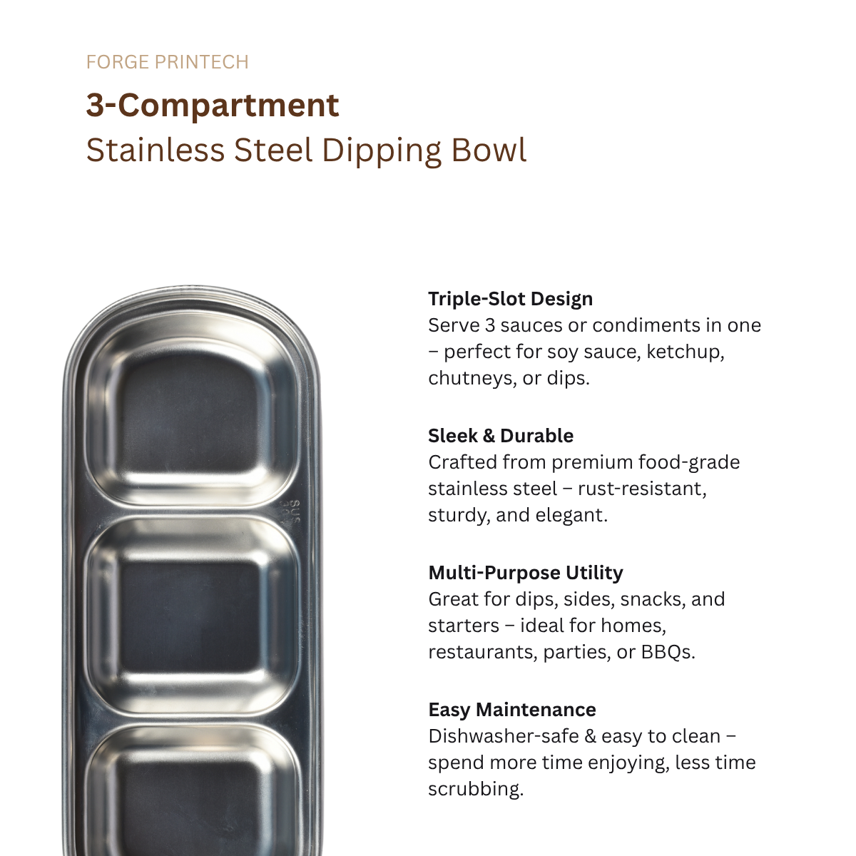 Stainless Steel 3-Compartment Sauce Dip Tray, Silver