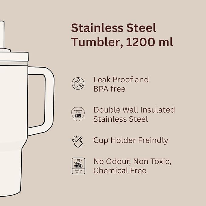 1200ml Tumbler with Lid and Handle, Double Insulated Stainless Steel Wall