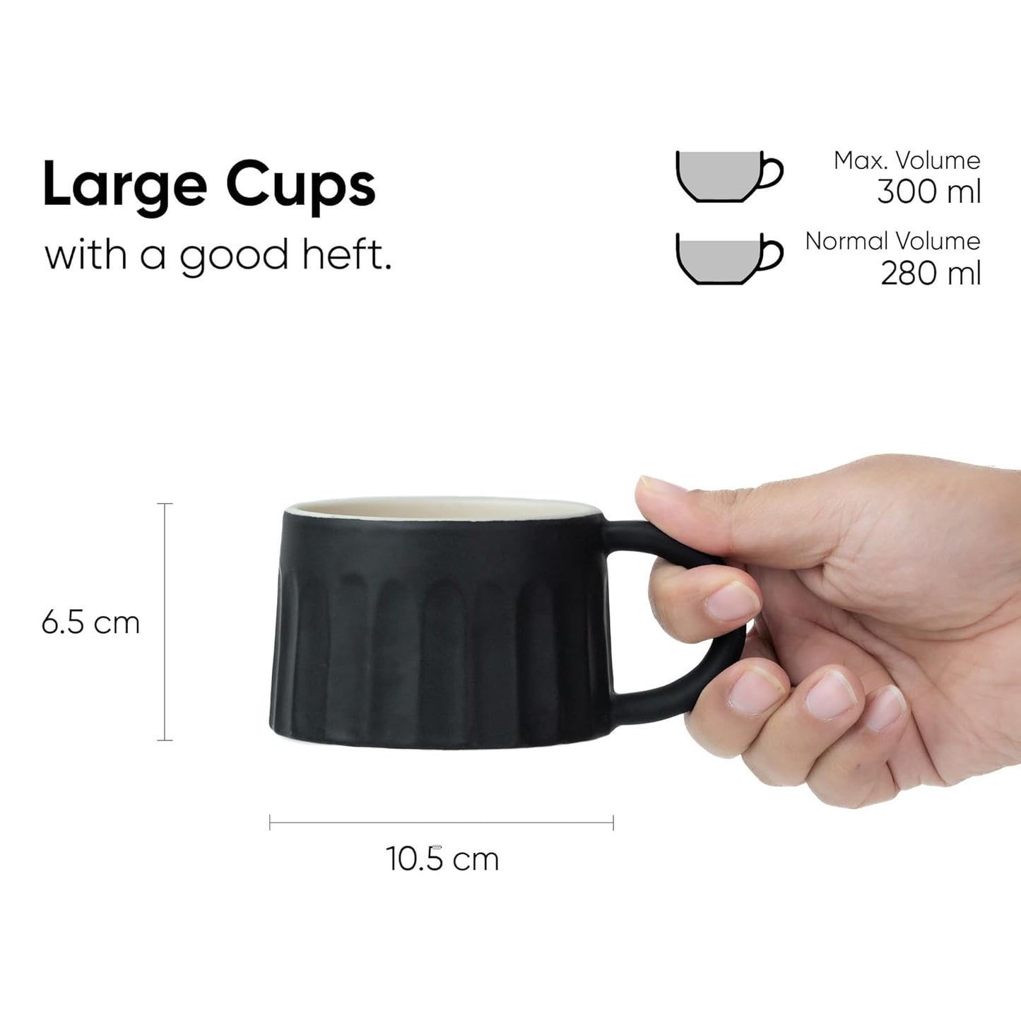 Large Ceramic Cappuccino Cup, Set of 2, Black, 300ml