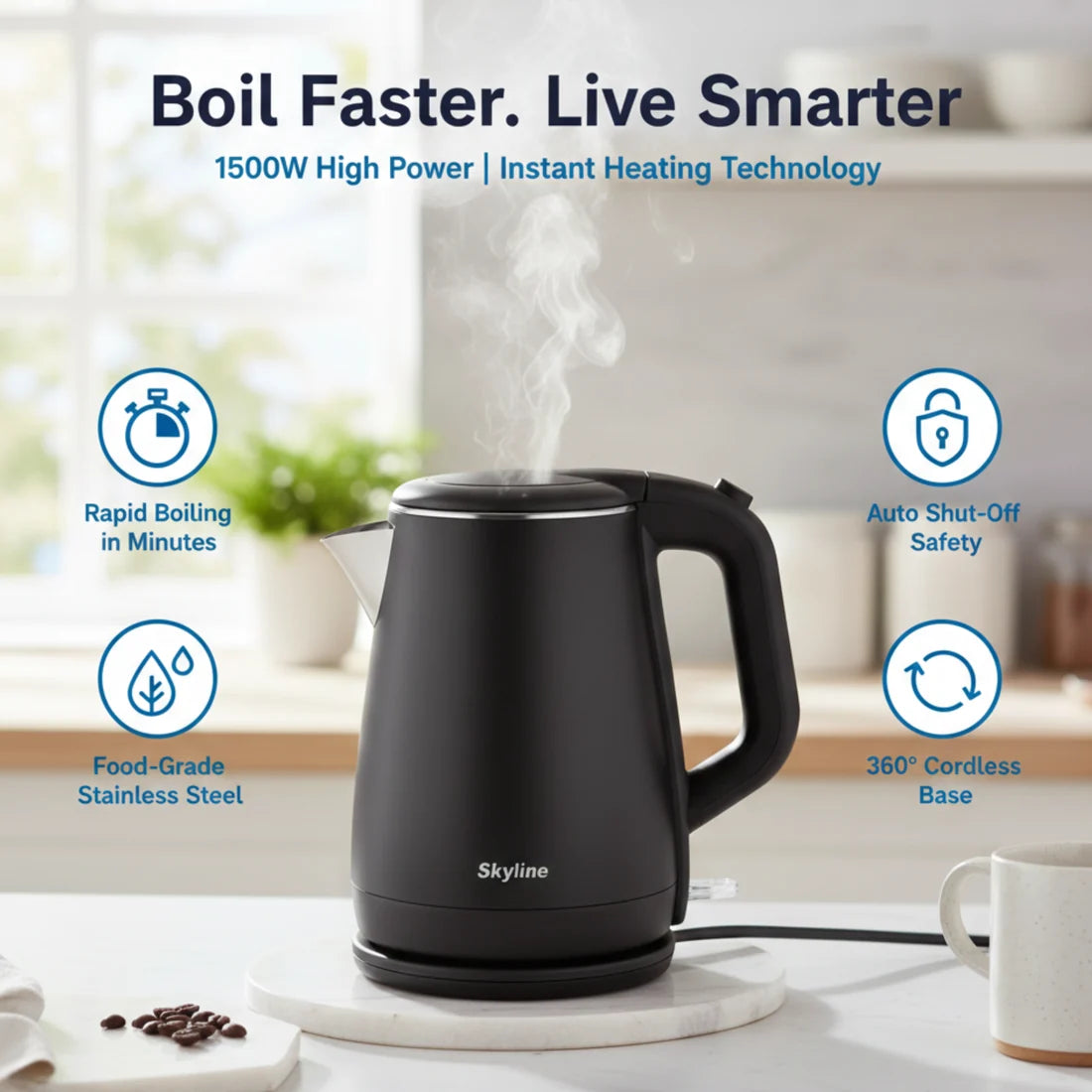 SKYLINE, 5016 Electric kettle, auto-cut, black, 1.5 L / 1500 W