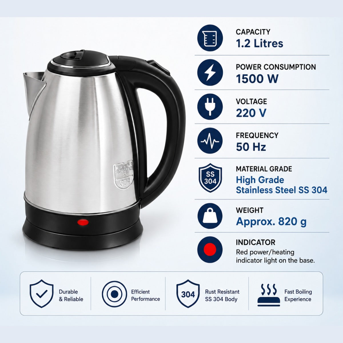 SKYLINE, 5007 Electric kettle, stainless steel, silver/black, 1.2 L / 1500 W