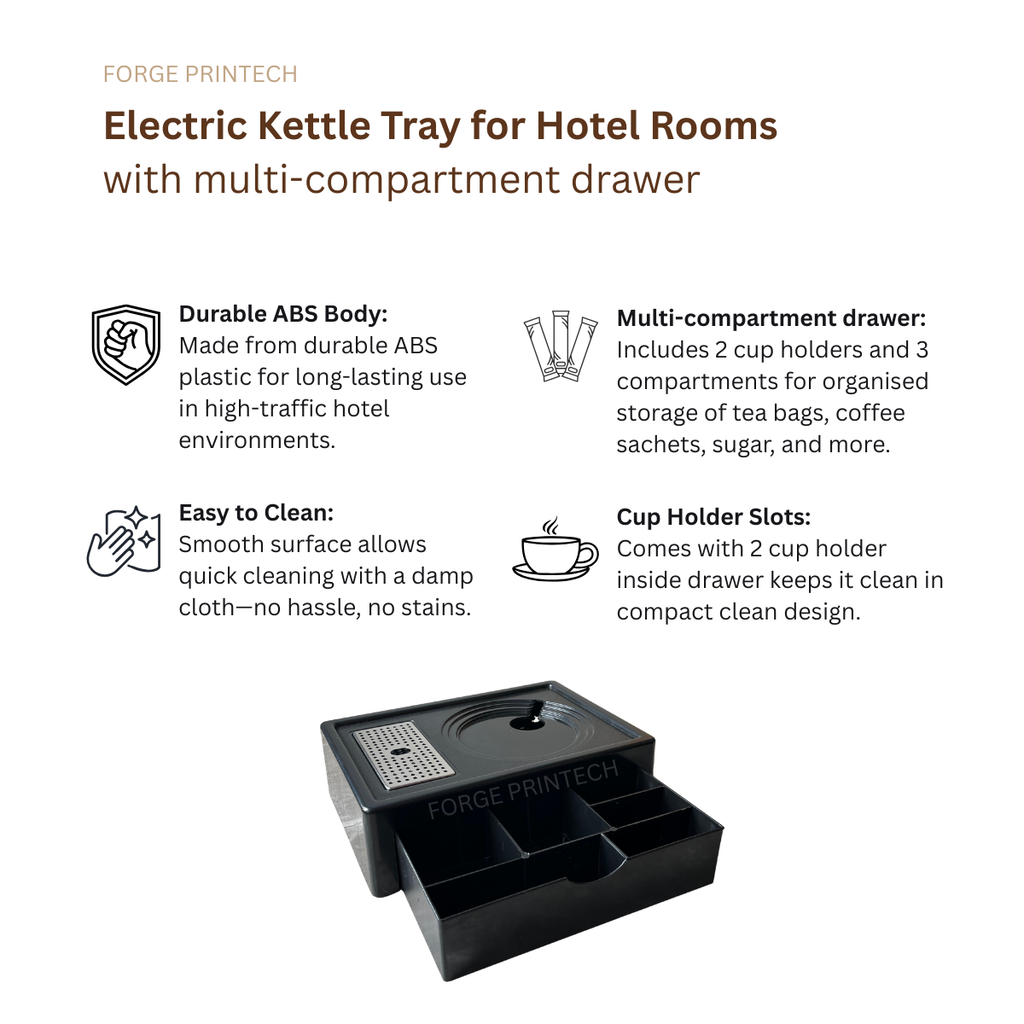 WOODS, Hotel kettle tray with pull-out drawer, ABS plastic, 2 cup holder